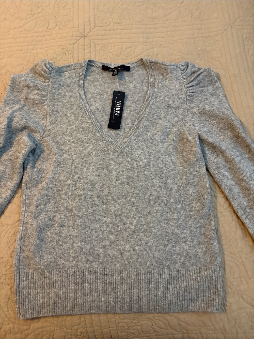 WHBM heather Gray V-Neck Sweater. With detailed puff sleeves.